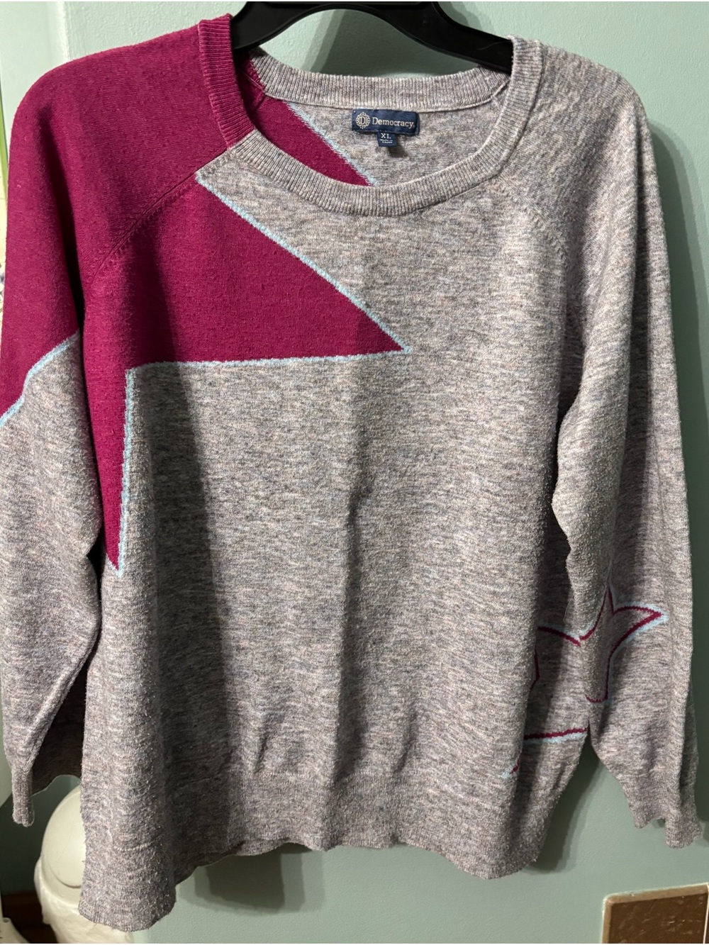Democracy Heather Gray Sweater with Magenta Star Detail